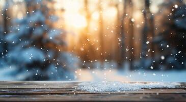 Snowflakes Falling Gently Over a Wooden Surface at Sunset in a Winter Forest photo