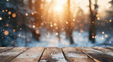 Snowflakes Falling Gently Over a Wooden Surface at Sunset in a Winter Forest photo