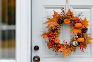 White Pumpkin Decoration With Fall Leaves Near Window Display in Autumn photo