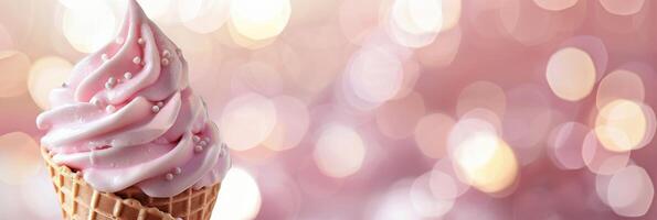 Swirled Pink Ice Cream Cone With Sprinkles on Soft Focus Background photo
