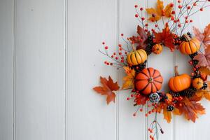 White Pumpkin Decoration With Fall Leaves Near Window Display in Autumn photo