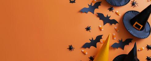 Halloween Decorations With Black Paper Bats and Yellow Hat on Orange Background photo