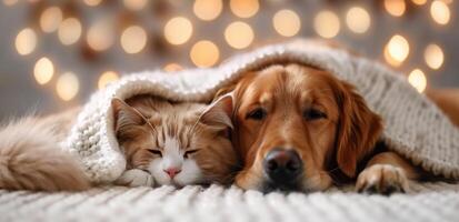 Cozy Cat and Dog Wrapped in Blanket on a Soft Surface With Warm Lights Background photo