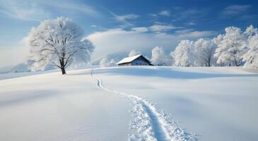 Snow-Covered Landscape With Cozy Cabin and Trail on a Sunny Winter Day photo