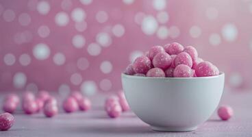 Colorful Candy Bowl With Purple and Pink Confections on a Soft Background photo