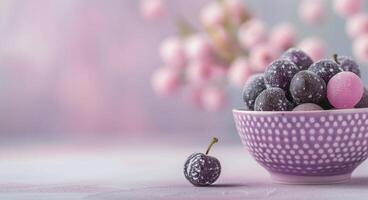 Colorful Candy Bowl With Purple and Pink Confections on a Soft Background photo