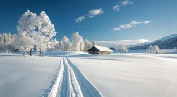 Snow-Covered Landscape With Cozy Cabin and Trail on a Sunny Winter Day photo