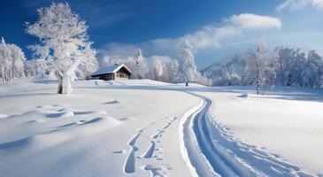 Snow-Covered Landscape With Cozy Cabin and Trail on a Sunny Winter Day photo