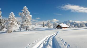 Snow-Covered Landscape With Cozy Cabin and Trail on a Sunny Winter Day photo