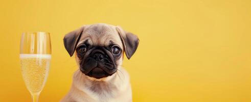 Cute Pug Wearing Party Hat at Celebration With Balloons and Drink photo