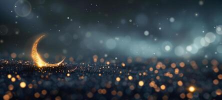 Twinkling Stars and Crescent Moon Over a Dark Sparkling Surface at Night photo