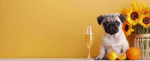 Cute Pug Wearing Party Hat at Celebration With Balloons and Drink photo