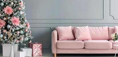 Cozy Living Room With Pink Sofa and Christmas Tree Decorated in Soft Pastels photo