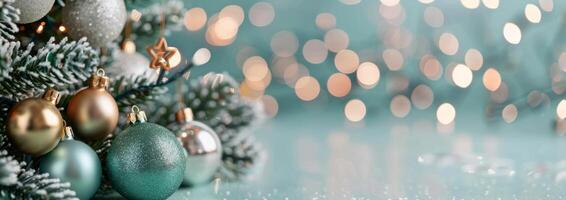 Festive Christmas Ornaments Laying on a Sparkling Surface With Soft Background Lights photo