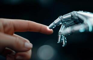 Human And Robot Hand Reaching Toward Each Other At Close Range photo