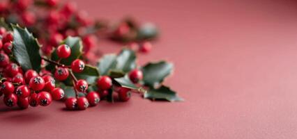 Red Berries With Green Leaves on Red Background in Soft Lighting photo