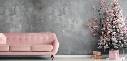 Cozy Living Room With Pink Sofa and Christmas Tree Decorated in Soft Pastels photo