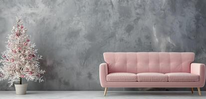 Cozy Living Room With Pink Sofa and Christmas Tree Decorated in Soft Pastels photo
