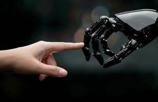 Human And Robot Hand Reaching Toward Each Other At Close Range photo