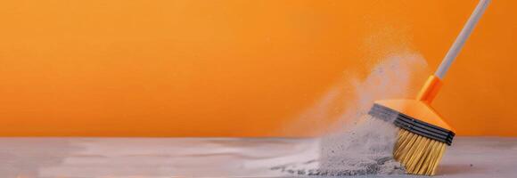 Broom Sweeping Dust on Wooden Surface With Orange Background photo