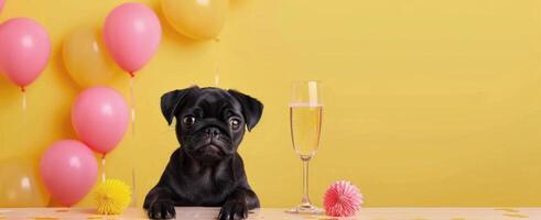 Cute Pug Wearing Party Hat at Celebration With Balloons and Drink photo