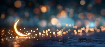 Twinkling Stars and Crescent Moon Over a Dark Sparkling Surface at Night photo