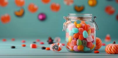 Colorful Candy Jar Filled With Assorted Treats on a Turquoise Background photo