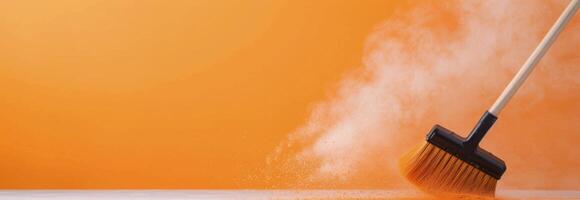Broom Sweeping Dust on Wooden Surface With Orange Background photo