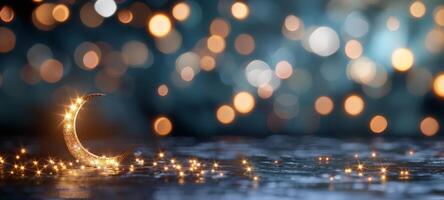 Twinkling Stars and Crescent Moon Over a Dark Sparkling Surface at Night photo