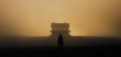 Mysterious Figure Approaches Abandoned House in Foggy Landscape at Dusk photo