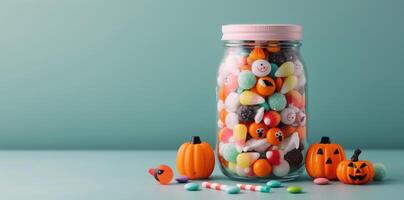 Colorful Candy Jar Filled With Assorted Treats on a Turquoise Background photo