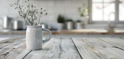 Rustic Wooden Table in a Cozy Kitchen With Soft Ambient Lighting photo