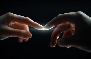 Human And Robot Hand Reaching Toward Each Other At Close Range photo