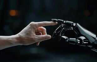 Human And Robot Hand Reaching Toward Each Other At Close Range photo