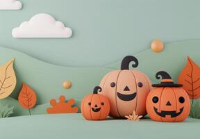 Charming Halloween Pumpkins in a Festive Landscape With Bats and Trees photo