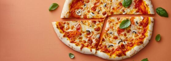 Heart-Shaped Pizza With Toppings Cut Into Slices On A Orange Background photo