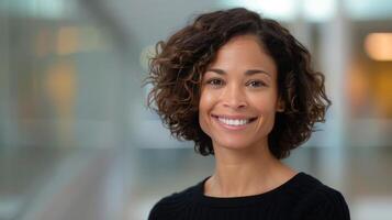 Happy Smiling Woman in Cozy Indoor Setting During Daylight Hours photo