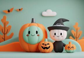 Charming Halloween Pumpkins in a Festive Landscape With Bats and Trees photo