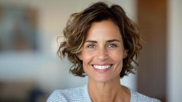 Happy Smiling Woman in Cozy Indoor Setting During Daylight Hours photo