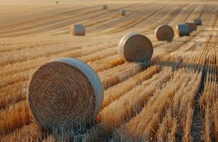 Hay Bales Resting in Golden Field at Sunset photo
