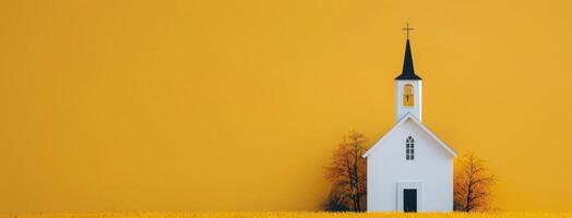 Small White Church With Black Spire Surrounded by Yellow Landscape and Autumn Trees photo