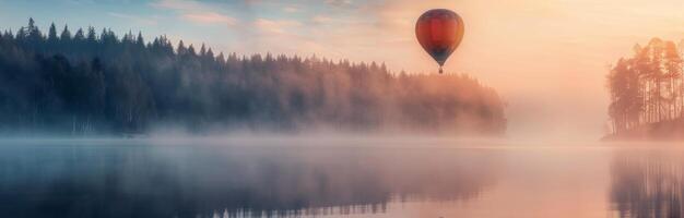 Serene Sunrise Over Calm Lake Surrounded by Dense Forests at Dawn photo
