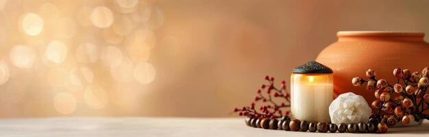 Decorative Candle, Pot, and Natural Elements on a Wooden Surface With Warm Background photo