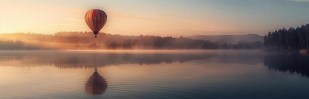 Serene Sunrise Over Calm Lake Surrounded by Dense Forests at Dawn photo