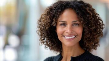 Happy Smiling Woman in Cozy Indoor Setting During Daylight Hours photo