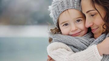 Mother Embracing Child in Rural Village During Overcast Day photo