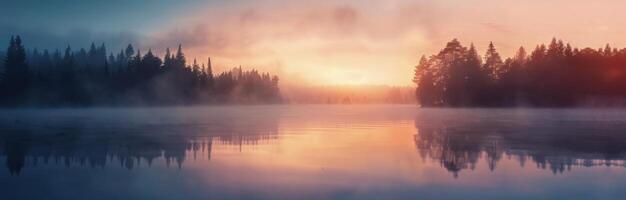 Serene Sunrise Over Calm Lake Surrounded by Dense Forests at Dawn photo