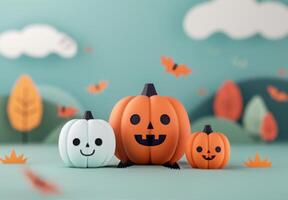 Charming Halloween Pumpkins in a Festive Landscape With Bats and Trees photo