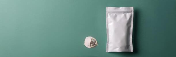 White Powder Package and Substance on Green Surface photo