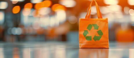 Reusable Shopping Bag With Green Recycling Symbol at a Natural Setting photo